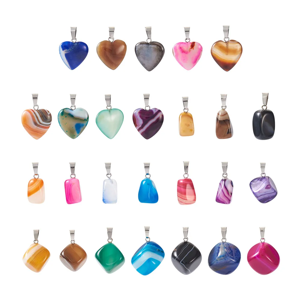 26Pcs Cube/Cuboid/Heart Shape Dyed Natural Striped Stone Pendants Charms with Stainless Steel Snap On Bails For Necklace Jewelry