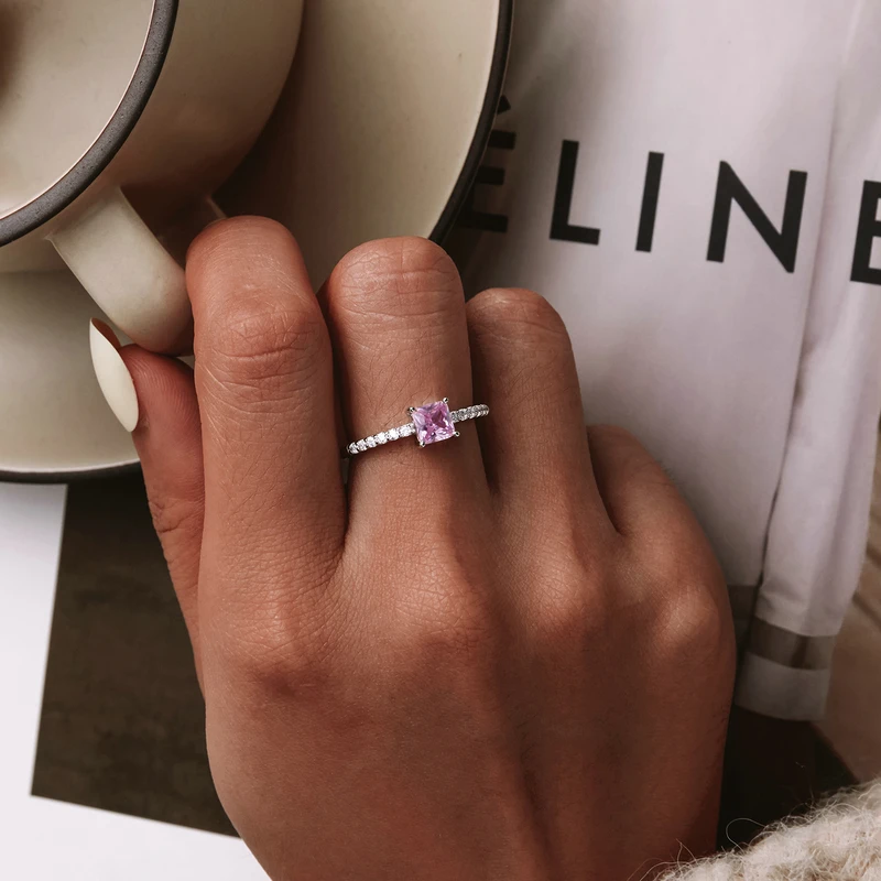 Elegant 925 Sterling Silver Sakura-Pink Halo Ring with Shining Square Zircon