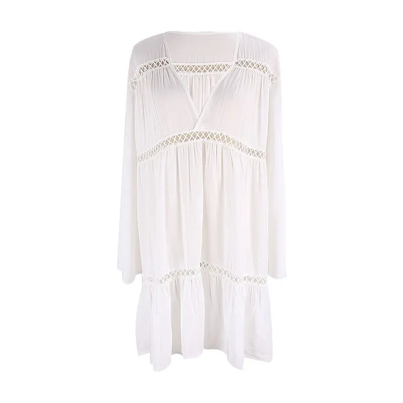 white beach dress FORERUN, белое пляжное платье, женское бикини, накидка, летнее, мини, с глубоким v-образным вырезом, с вырезами, Saida De Praia, Плайя Mujer, Robe Plage - Цвет: white beach dress