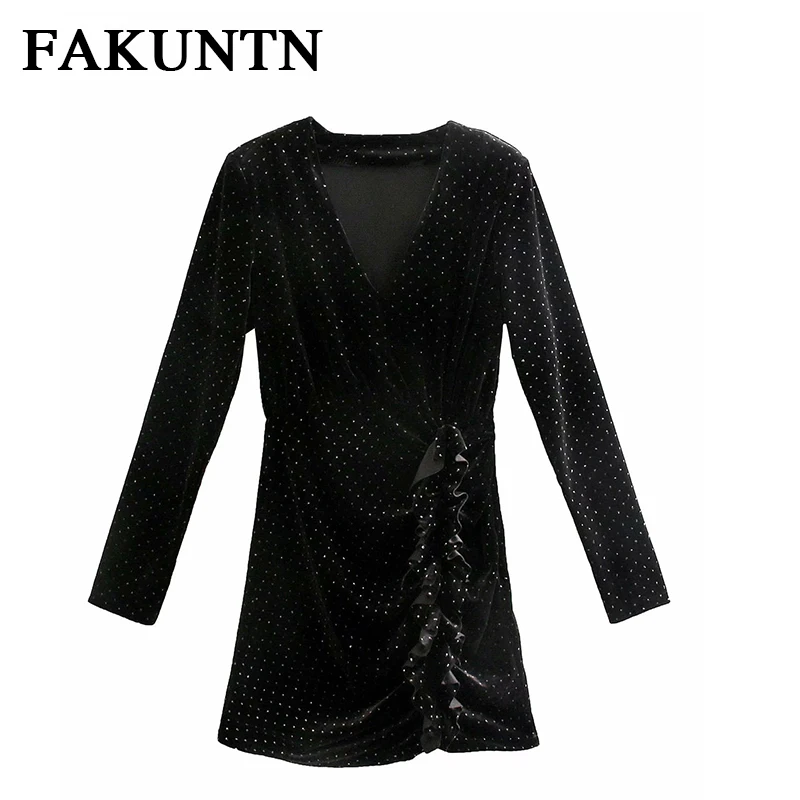 

Wave Point Dress Ruffle Women 2021 Autumn Winter Street Sexy V Neck Casual Slim Thin Long Sleeve Black Party Mini Dress Vestidos