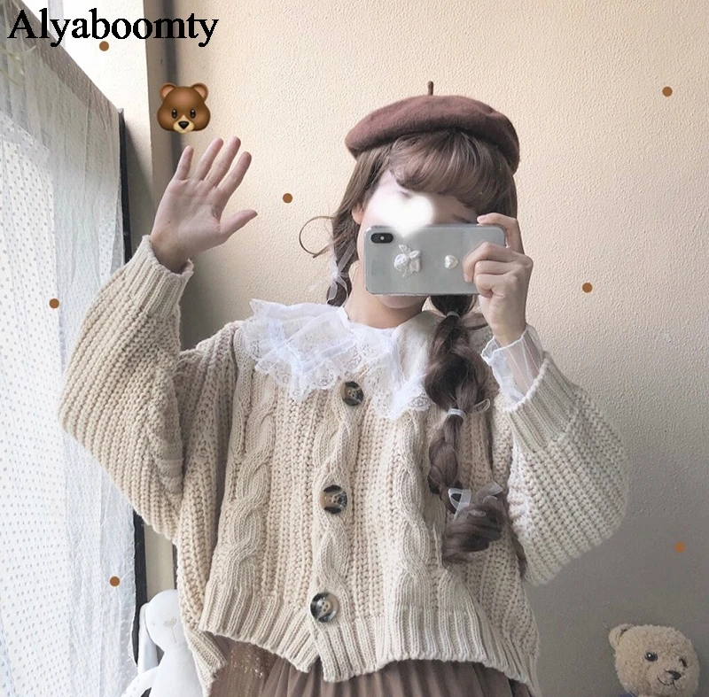 Японский консервативный стиль осень зима женский свитер однотонный толстый теплый негабаритный Свободный кардиган милый Kawaii Лолита короткая верхняя одежда