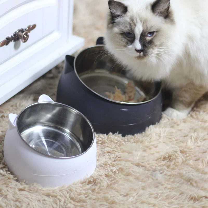 

Cat Dog Bowl 15 Degrees Tilted Stainless Steel Cat Bowl safeguard Neck Puppy Cats Feeder Non-slip Crashworthiness Base Pet Bowls