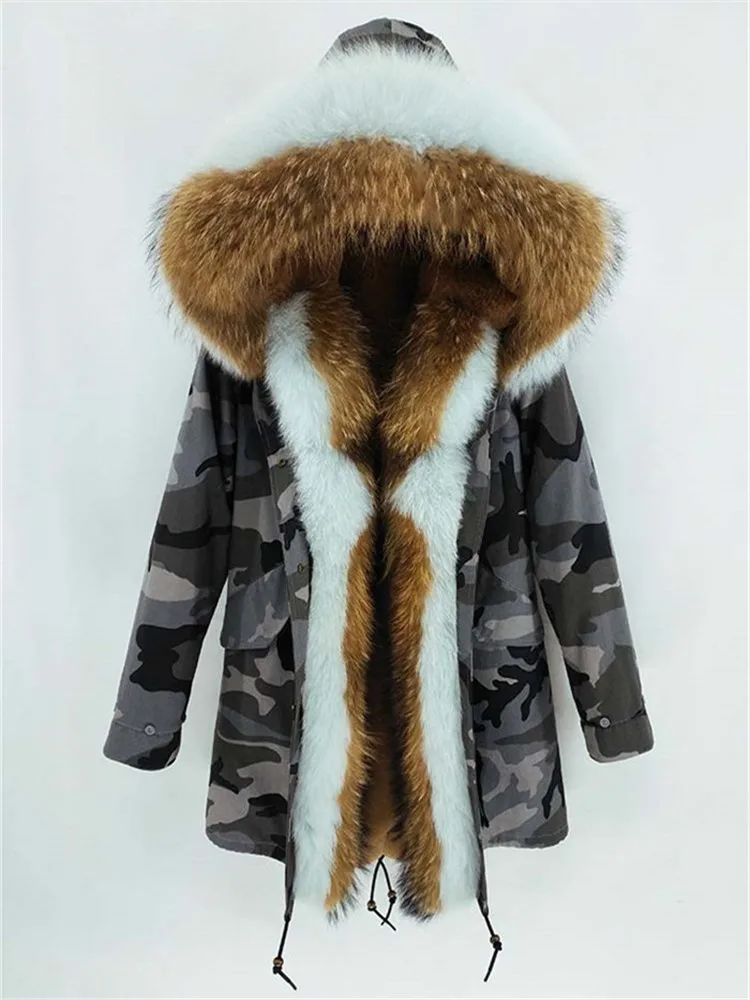 Camouflage shell Роскошное Женское пальто с капюшоном и большим воротником из меха енота со съемным кроличьим подкладом, верхняя одежда, длинное зимнее пальто с натуральным мехом - Цвет: Camouflage shell