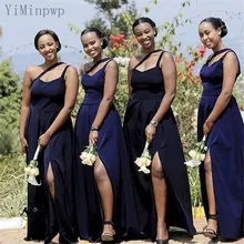 

YiMinpwp Dark Navy Bridesmaid Dresses One Shoulder Side Split Floor Length A Line Satin Wedding Guest Gowns for Women