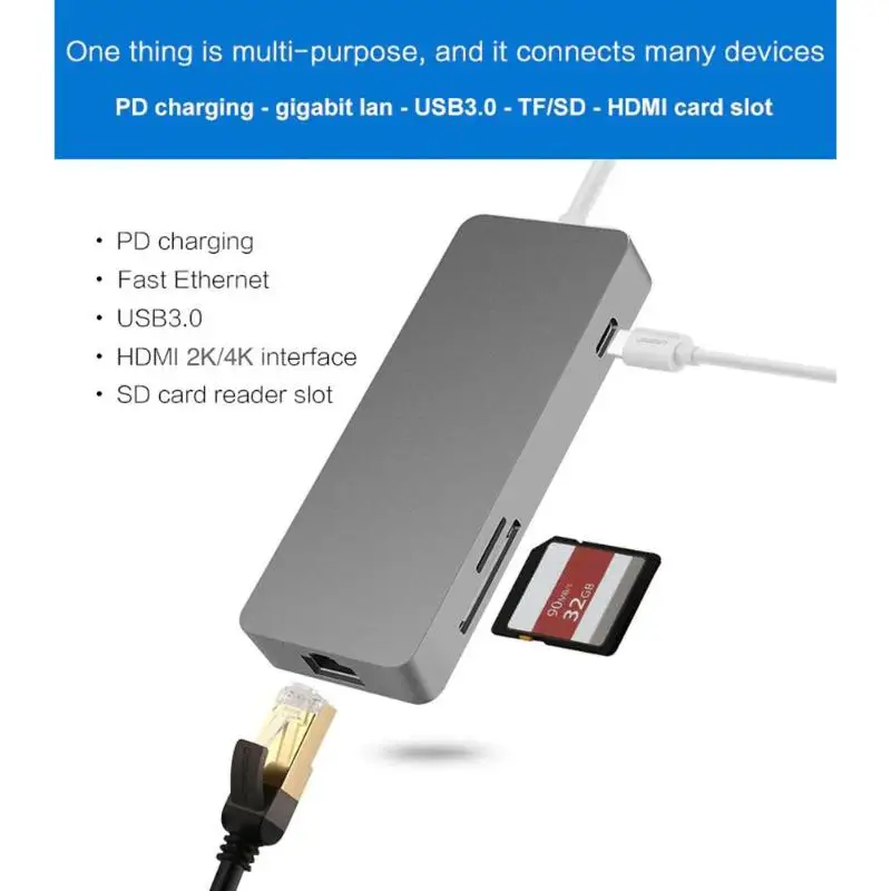 Кабель E0301 HDMI/RJ45/2 USB3.0/TF/карта памяти/USB-C 7 в 1 тип-c концентратор Поддержка прямой доставки