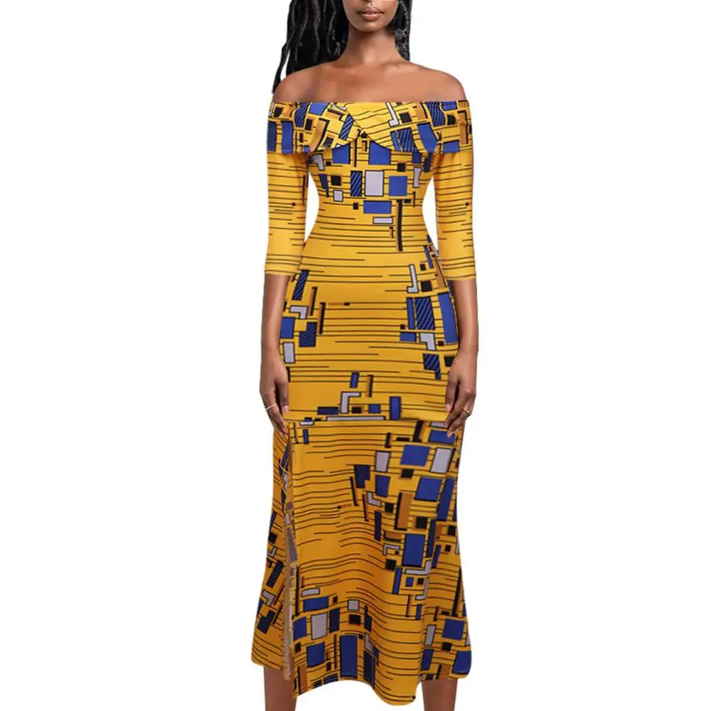 SUNGIFT Дашики Женская африканская одежда Анкара с открытыми плечами с принтом, воротник с оборками, рукав до локтя, рыбий хвост, разрез, элегантные вечерние платья - Цвет: Yellow