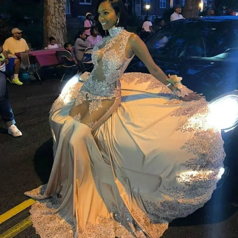 New Arrival High White Sexy Robe Plus Size Prom Dresses Floor-length Sweep Mermaid Natural Satin Sleeveless Vintage Prom - Цвет: as picture