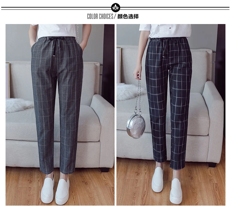 Plaid Pants Women Student Pants Fashion Younger Korean style Cropped Jeans Popular Harem Pants Loose Slim Casual Ninth pants