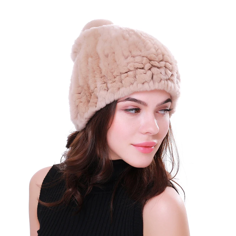 Real rex rabbit fur hat women winter knitted fur beanies cap with fur pom poms new thick female cap Elastic Soft warm