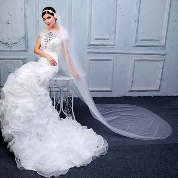 

new elegant woman chapel veils soft Tulle lace hanmade peals with cut edge bridal veil Wedding dress accessories with hair band