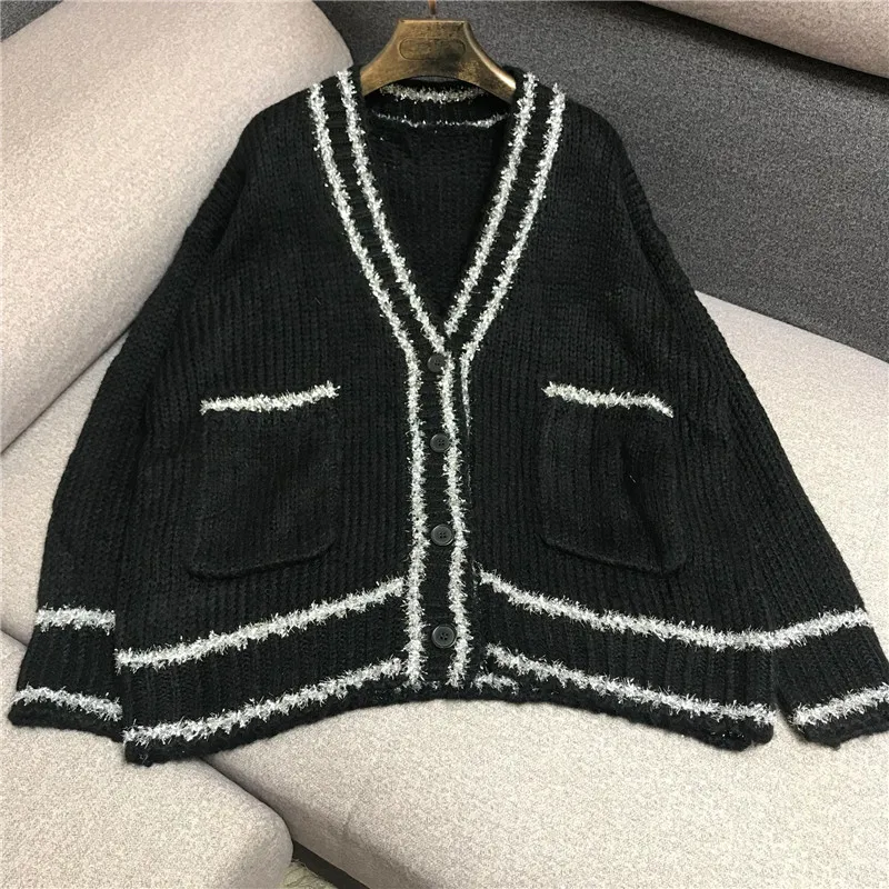 ^Cheap Luxury Designer Brand Knitted Cardigans for Women Causel V Neck Bright silk Patchwork Loose Black Knitted Sweater