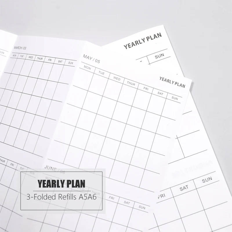 5 Sheets Yearly Planner Monthly Schedule Refills A5 A6 Three Fold Refills for 6 Hole Binder Organizer Notebook Papers N.1164