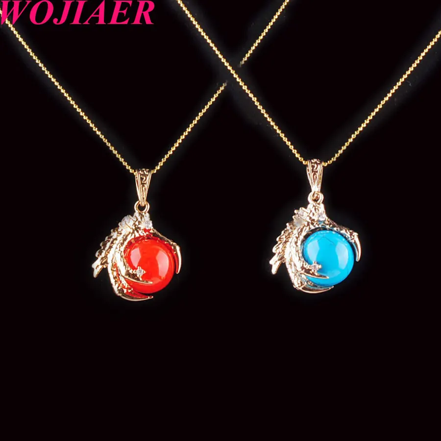 WOJIAER Luxury Simple Dragon Claw Pendant Necklace Gold Color Chain Round Natural Stone Beads Bohemia Jewelry For Girl PBN308 | Украшения и