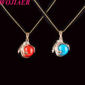 

WOJIAER Natural Stone Round Turquoises lapis tiger eye Opal charm Gold Dragon Claw Pendants Jewelry Necklaces PBN308