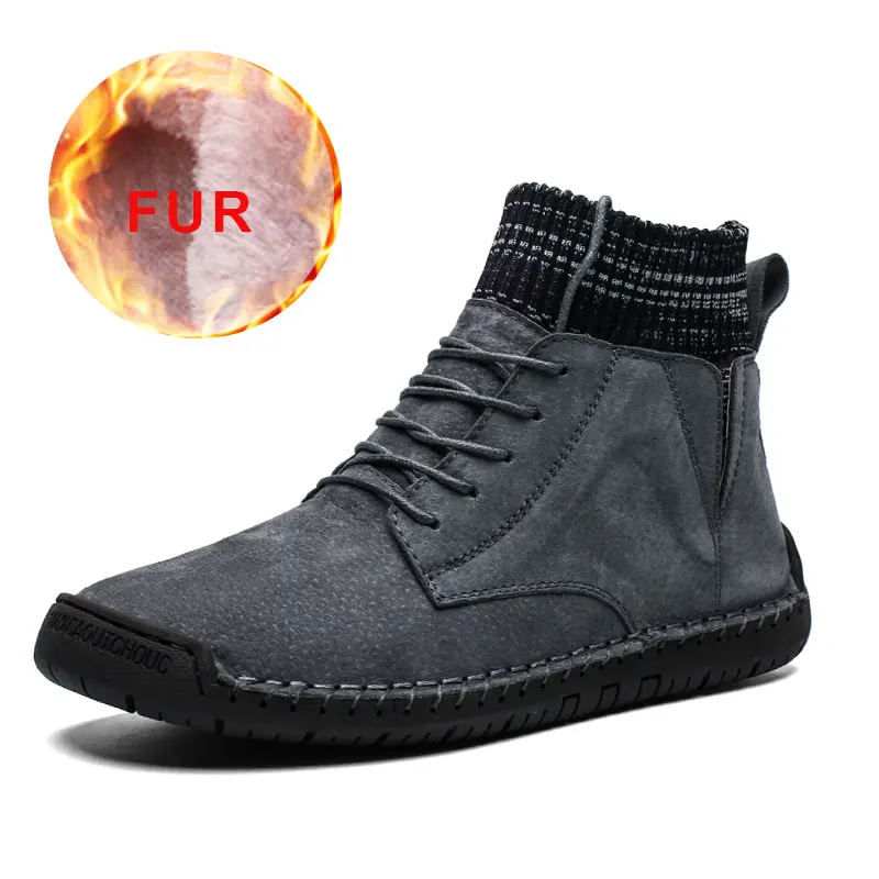 Winter Ankle Boots Men Fur Warm Plush Mens Boots Suede Casual Non-slip Men Shoes Flat Plus Size Comfortable British Style - Цвет: Grey fur