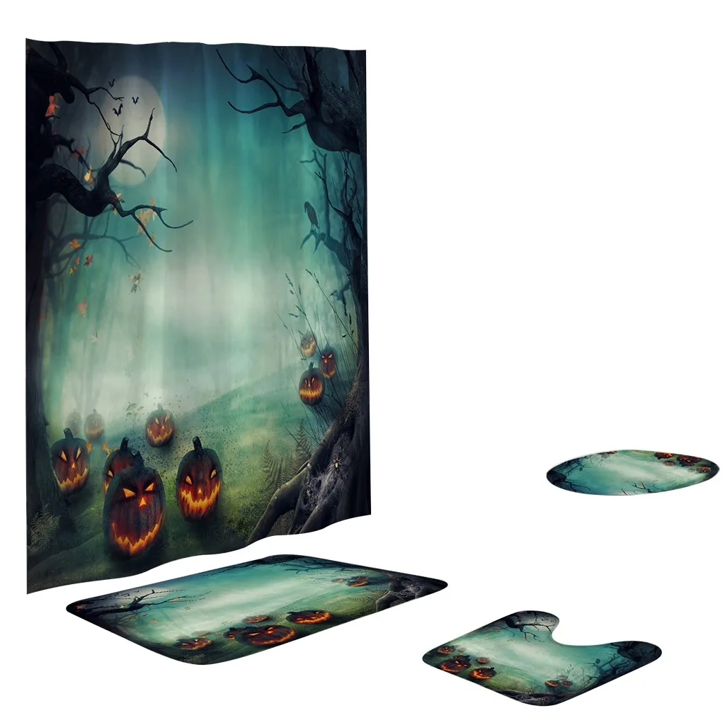 Happy Halloween Cover Mat Set Bathroom Shower Curtain Mat Set Bathroom Shower Curtain Waterproof Fabric Curtain Four-Piece