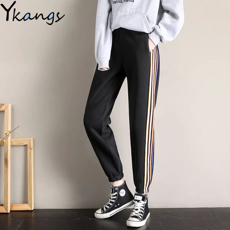

Summer Elastic High Waist Harem Pants Joggers Women Baggy Pants Soft Harajuku Solid Stripe Streetwear Loose Women's Sports Pants
