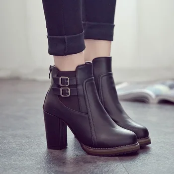 

2019 New Autumn and Winter Boots Button High Heels Shoe Fashion Square Heel Ankle Boots Zapatos De Mujer Botas Size hjm89