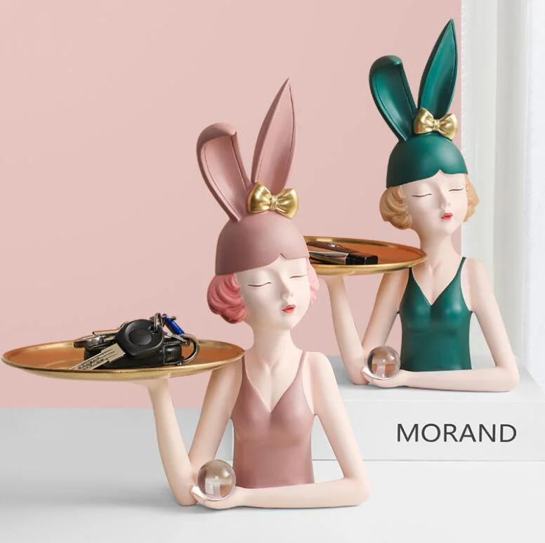 

European Resin Bunny Girl Storage Tray Furnishings Home Livingroom Desktop Accessories Decoration Coffee Table Sculpture Crafts