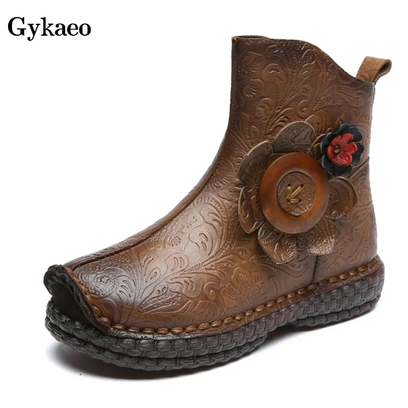

Gykaeo 2019 Autumn New Plus Velvet Women Boots Ladies Genuine Leather Printing Flower Winter Shoes Non-slip Ethnic Retro Boots