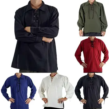 

Men Medieval Steampunk Autumn Solid Color Lace Up Lapel Long Sleeve Shirt Top