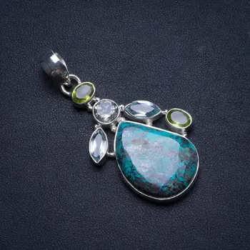 

Natural Iron Chrysocolla,Green Amethyst,Blue Topaz Peridot 925 Sterling Silver Pendant 2 1/4" U0410