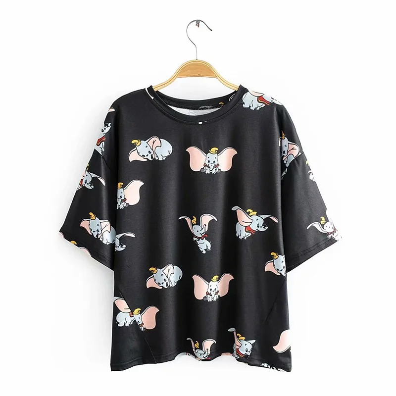 

Casual high street t shirt cartoon elephant black summer ropa mujer o-neck t shirt women cute oversize tees new za 2019