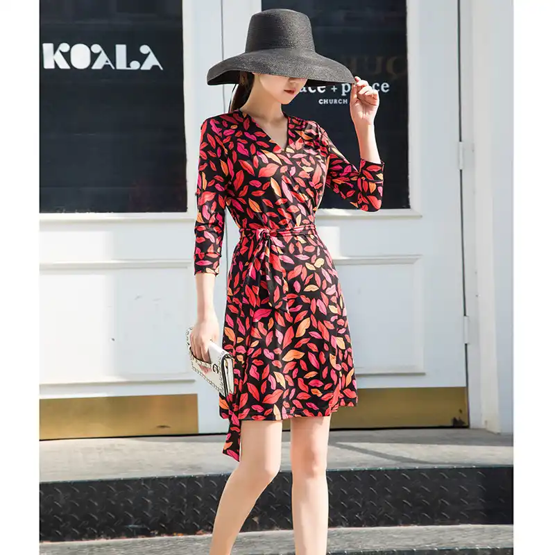 red flower wrap dress