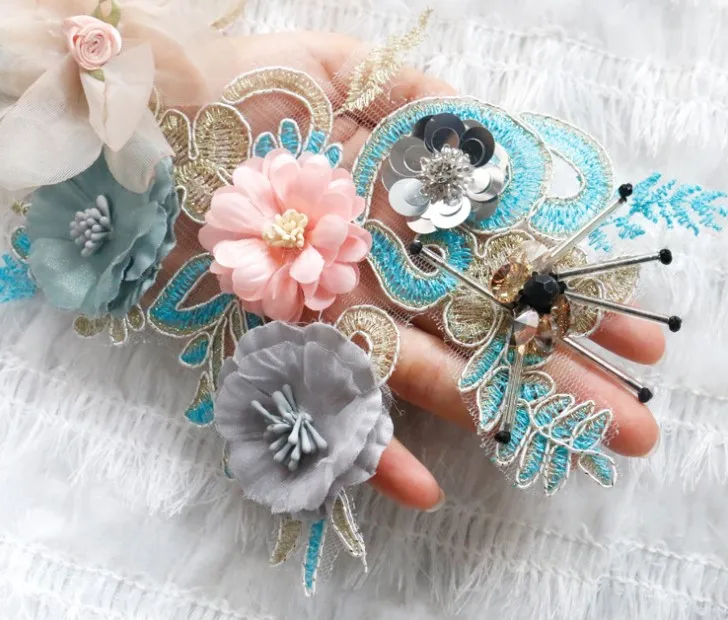 3D Flower Beads Embroidery Lace Applique Trim For Evening Skirt Clothes Lace Collar Patch Sewing On Decoration Accessories