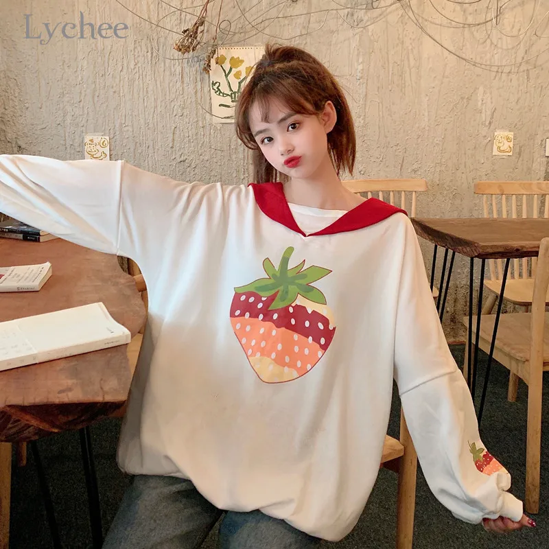 Lychee, Harajuku, клубника, Женские флисовые кофты, матросский воротник, свободные женские пуловеры, хлопок, весна, осень, зима, женские топы