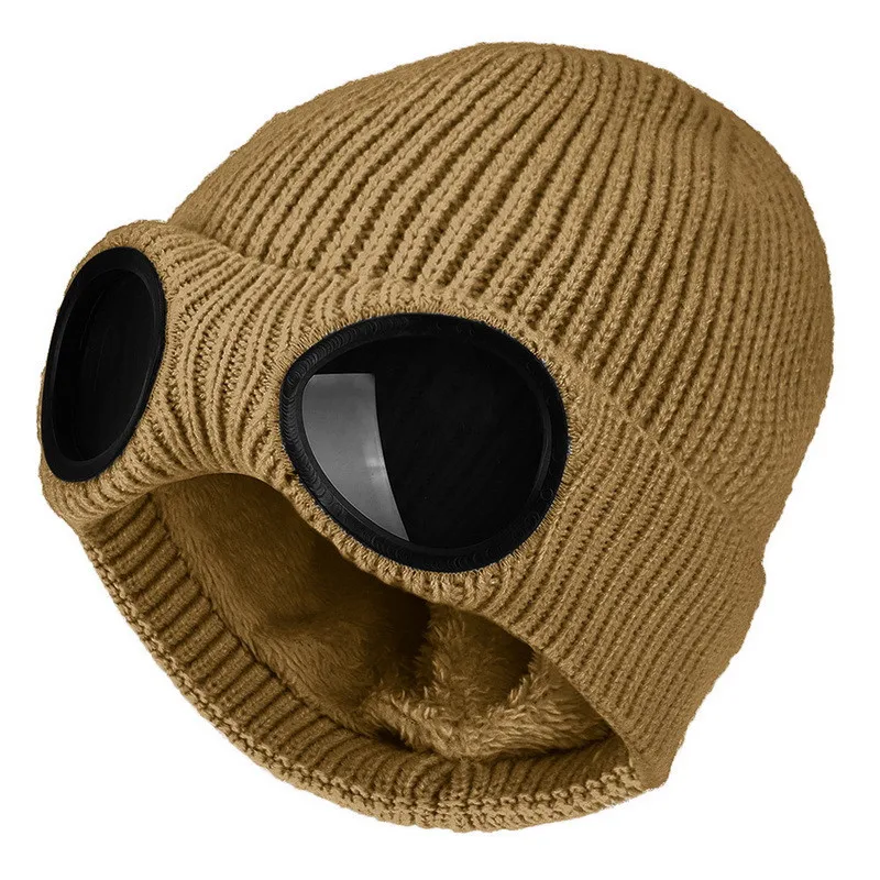 Men Women Winter Acrylic Knitted Warm Goggles Hats Skullies Beanies Plus Plush Thicker Warmer Bonnet Ladies Casual Cap R82 skullies men