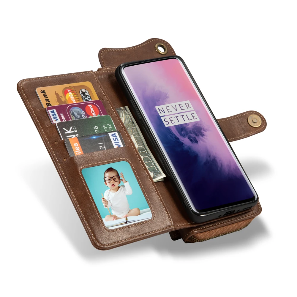 Роскошная кожаная сумка-кошелек с молнией чехол для OnePlus 7 Pro Многофункциональный detahab съемный Флип с отделением для карт, на магните чехол