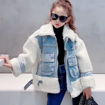 

Net red 2020 autumn and winter new children's imitation rabbit fur stitching denim jacket girls rabbit fur thick coat