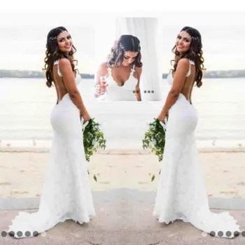 

Sexy Lace Wedding Dresses Country Style Count Train Deep V Neck Backless Wedding Dress Boho Cheap Handmade Mermaid Bridal Gowns