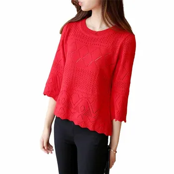 

SALSPOR Women Knitted Pullovers Sweater O-Neck Three Quarter Solid Loose Jumper Clothing Female Fashion Hollow Out Sweater