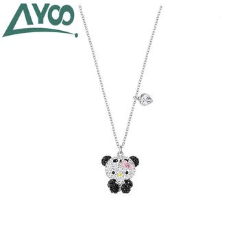 

AYOO high quality swa, cute and sweet black panda cartoon shape KT cat crystal pendant necklace female clavicle chain