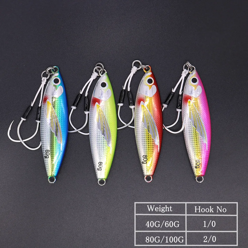 CASTFUN 40g 60g 80g 100g 4PC/lot Sea Fishing Lures Glow Slow Jigging Casting Jig Metal Jig With Fishing Hook Artificial Baits