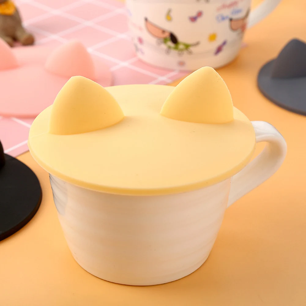 1Pc Cute Animals Cat Ear Silicone Cover Coffee Cup Suction Seal Lid Heat-Resistant Dust Proof Cap Anti-dust Mark Cup Cover Tool