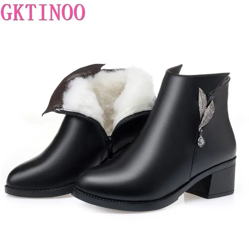 

GKTINOO 2019 Women Snow Boots Winter High Heel Ankle Boots Women Warm Platform Shoes 100% Genuine Leather Thick Wool Fur Booties