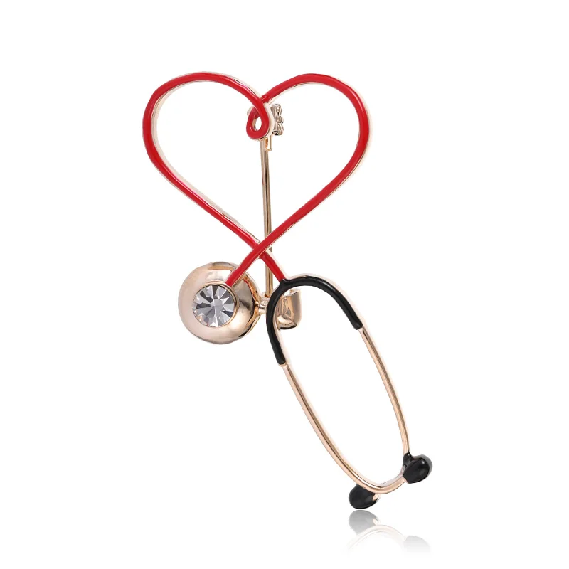 Funmor Lovely Heart Stethoscope Brooch Copper Pin Enamel Crystal Jewelry Women Doctor Uniform Decoration Accessories Work Bijoux - Окраска металла: Black