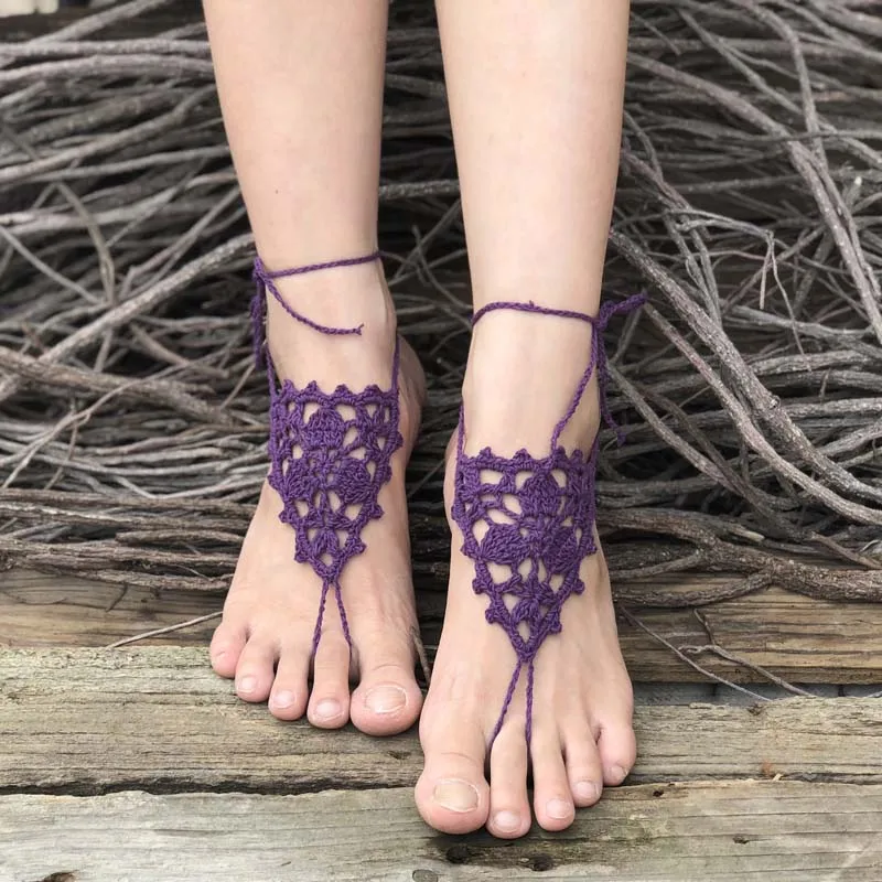 purple Вязаный Крючком Пляж Свадебный браслет босиком сандалии бассейн носить носок кольцо ножной браслет обнаженная обувь ноги ювелирные изделия Викторианский кружева танец Йога обувь - Цвет: purple