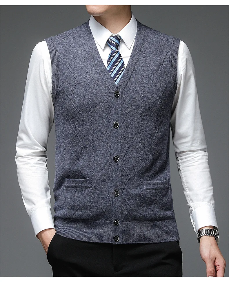 100% Wool Top Grade New Autum Fashion Brand Plain Solid Pullover Sweater V Neck Knit Vest Men Sleeveless Casual Men Clothing_voghion.com