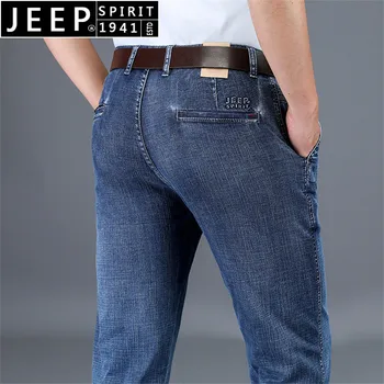 

JEEP SPIRIT New Spring Denim Pants Men Business Casual Mid-waist Straight Jeans Men Dark Blue Trousers Men Plus Size 30-44 Pants