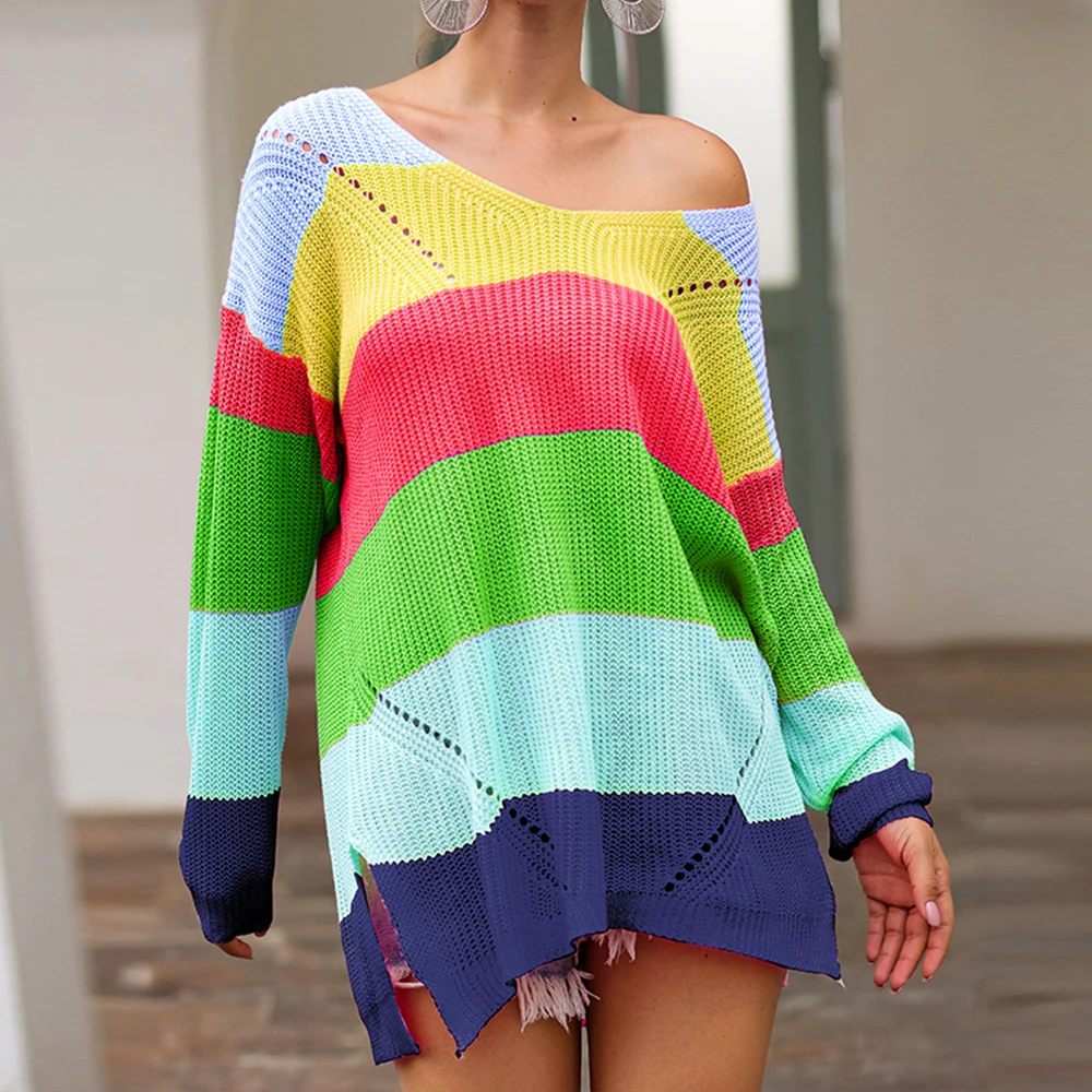 Женский свободный трикотажный пуловер в разноцветную полоску с длинным рукавом