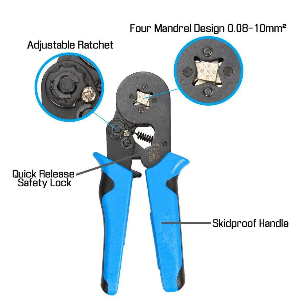 HSC8 6-4 + 1200 piezas kit 0,08-10mmawg AWG 28-7 Juego de alicates auto- pinzas de alambre de trinquete ajustables