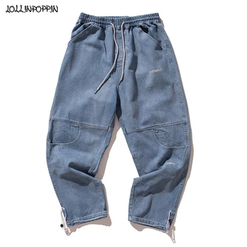 

Men Patchwork Multi-Pockets Denim Pants Drawstring Elastic Waist Mens Blue Jeans Streetwear Embroidery Letters Loose Jeans