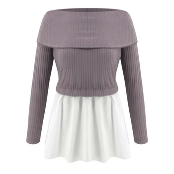 

Women's Off Shoulder Long Sleeve Sweater Ruffles Patchwork Jumper Pullover Ruffles Casual Tops 2020 Autumn Winter Warm Sweater