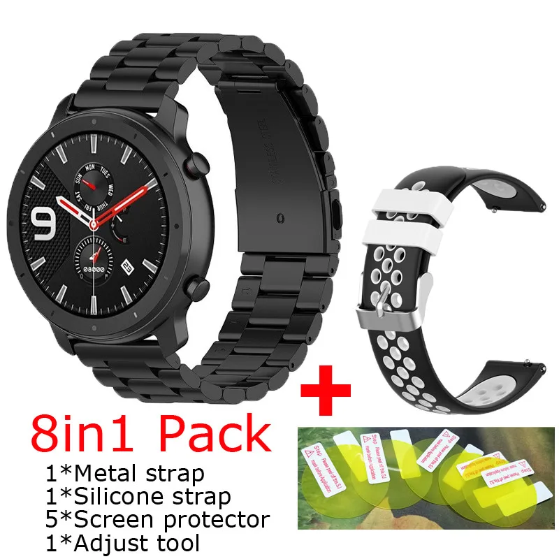 01 8 в 1 упаковка для Xiaomi huami Amazfit GTR 47 мм ремешок металлический Смарт-часы браслет+Amazfit GTR 47 мм силиконовый ремень+ 5 шт. Защитная пленка для экрана - Цвет: 01