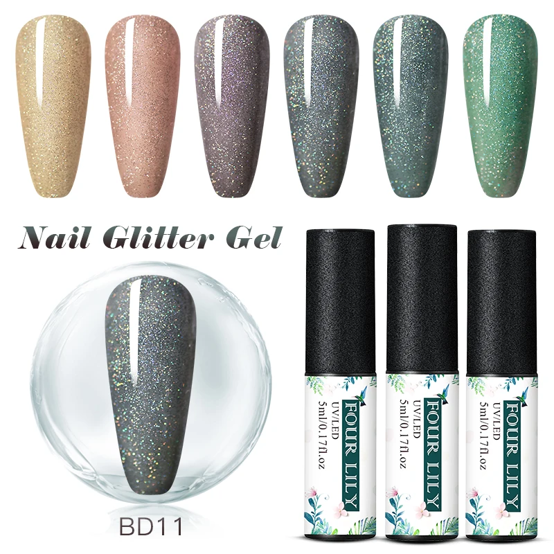 

Four Lily 5ml Nude Color UV Gel Holographic Glitter Sequin Semi Permanent Soak Off Nail Gel Polish Varnish Shimmer Shining Gel
