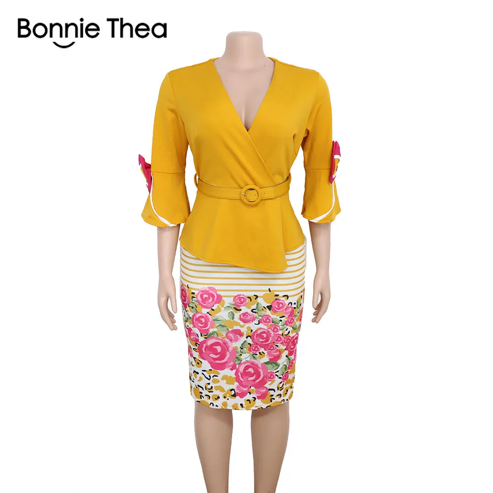 Bonnie thea summer and autumn women Pencil bodycon print dress female Two-piece set Slim plus size dress office work dresses